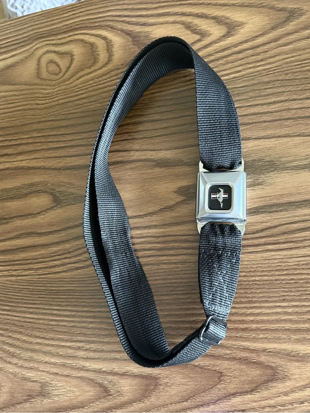 Ford Mustang Black Seatbelt-Style Belt with Chrome Pony Buckle